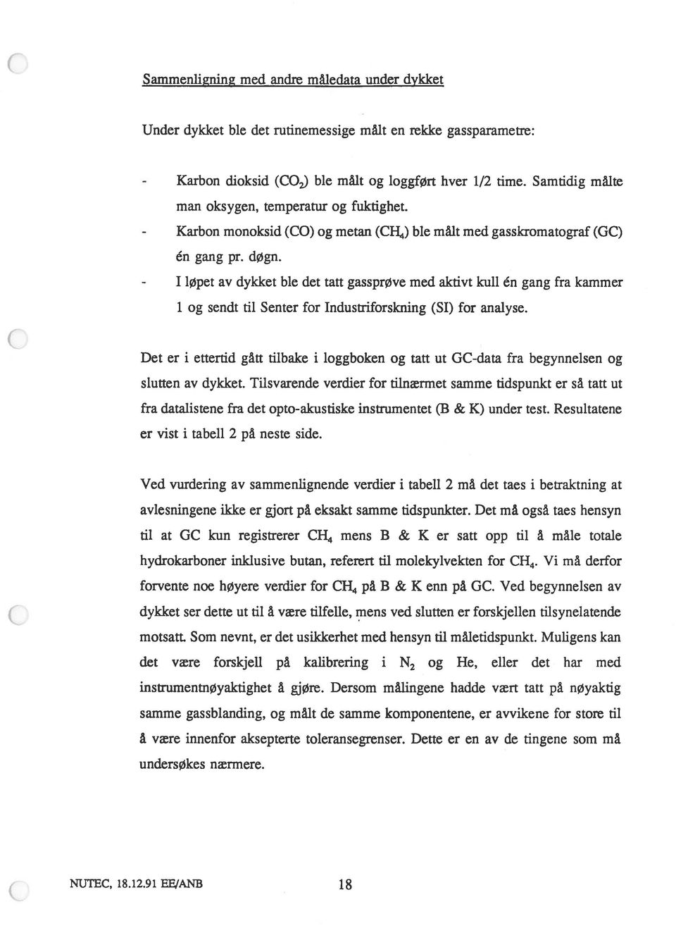 løpet av dykket ble det tatt gassprøve med aktivt kull én gang fra kammer i og sendt til Senter for Industriforskning (SI) for analyse.