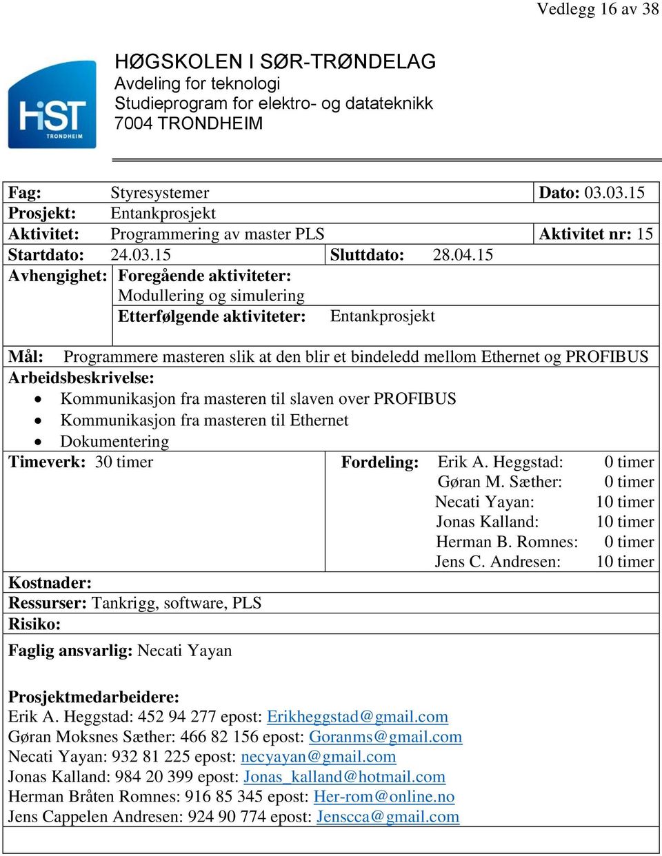 Kommunikasjon fra masteren til slaven over PROFIBUS Kommunikasjon fra masteren til Ethernet Dokumentering Timeverk: 30 timer Fordeling: Erik A.