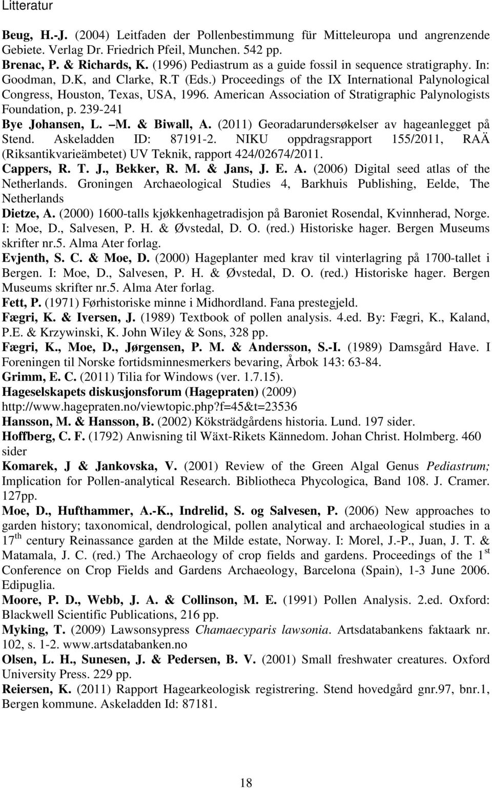 American Association of Stratigraphic Palynologists Foundation, p. 239-241 Bye Johansen, L. M. & Biwall, A. (2011) Georadarundersøkelser av hageanlegget på Stend. Askeladden ID: 87191-2.