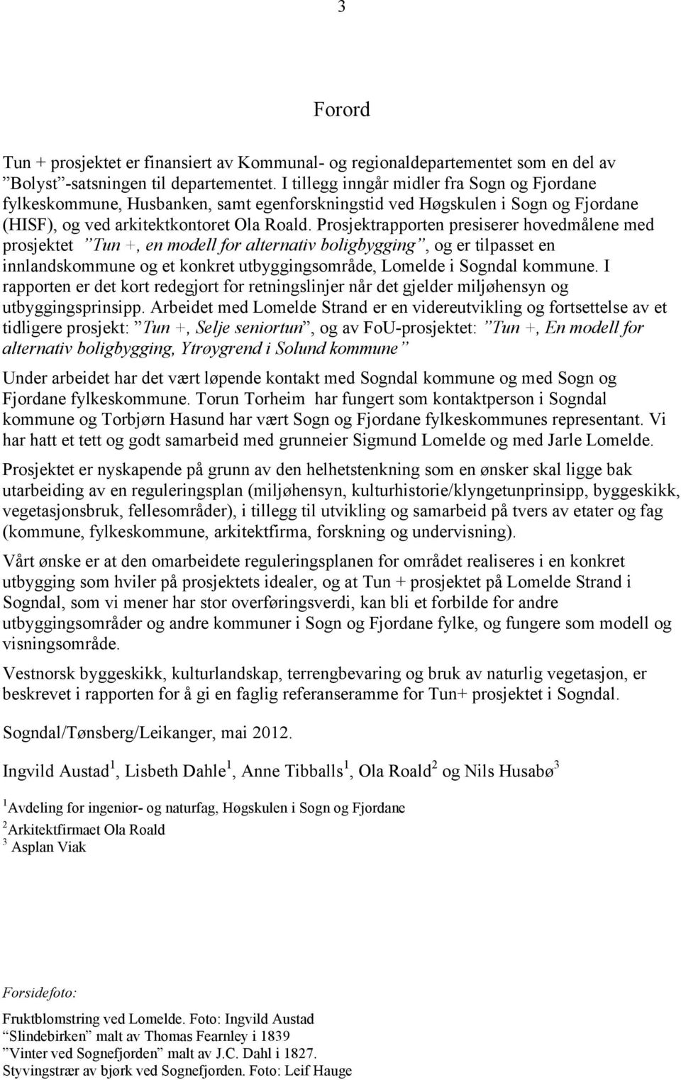 Prosjektrapporten presiserer hovedmålene med prosjektet Tun +, en modell for alternativ boligbygging, og er tilpasset en innlandskommune og et konkret utbyggingsområde, Lomelde i Sogndal kommune.