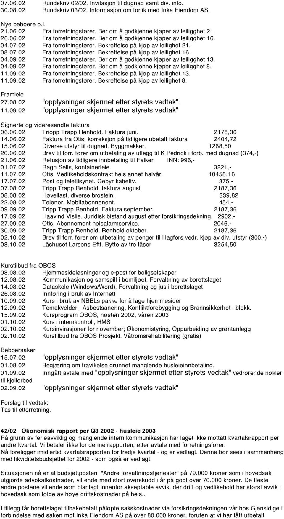 04.09.02 Fra forretningsfører. Ber om å godkjenne kjøper av leiligghet 13. 04.09.02 Fra forretningsfører. Ber om å godkjenne kjøper av leiligghet 8. 11.09.02 Fra forretningsfører. Bekreftelse på kjøp av leilighet 13.