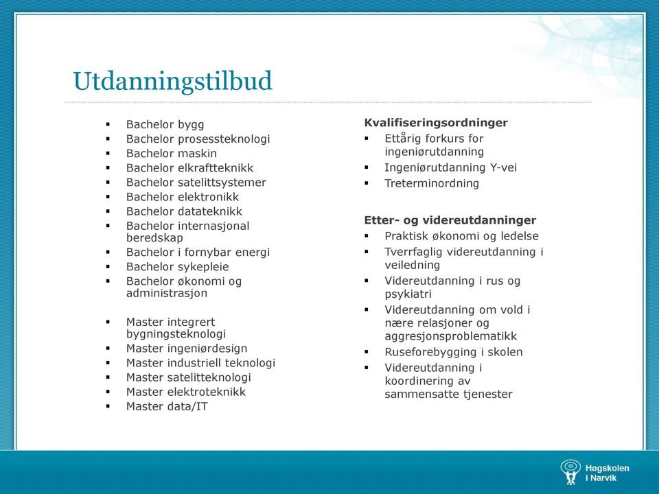 elektroteknikk Master data/it Kvalifiseringsordninger Ettårig forkurs for ingeniørutdanning Ingeniørutdanning Y-vei Treterminordning Etter- og videreutdanninger Praktisk økonomi og ledelse