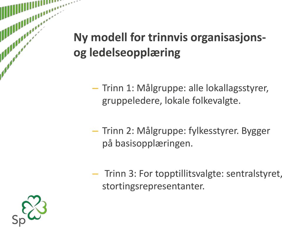 Trinn 2: Målgruppe: fylkesstyrer. Bygger på basisopplæringen.