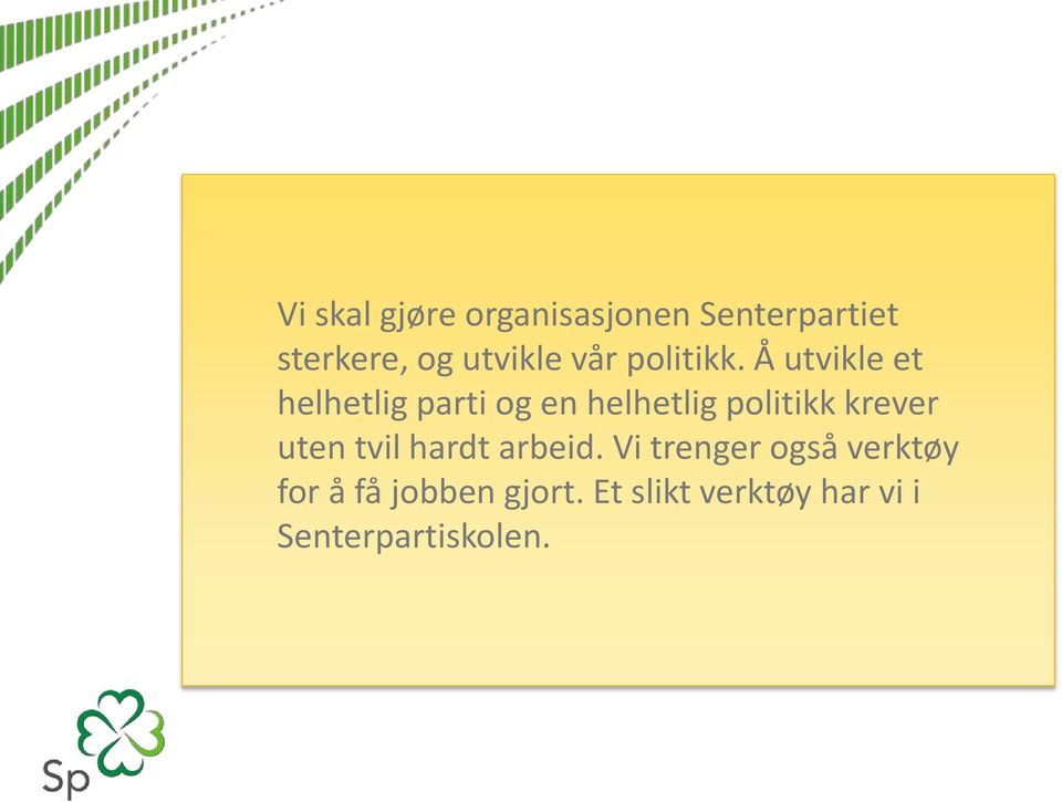 Å utvikle et helhetlig parti og en helhetlig politikk krever