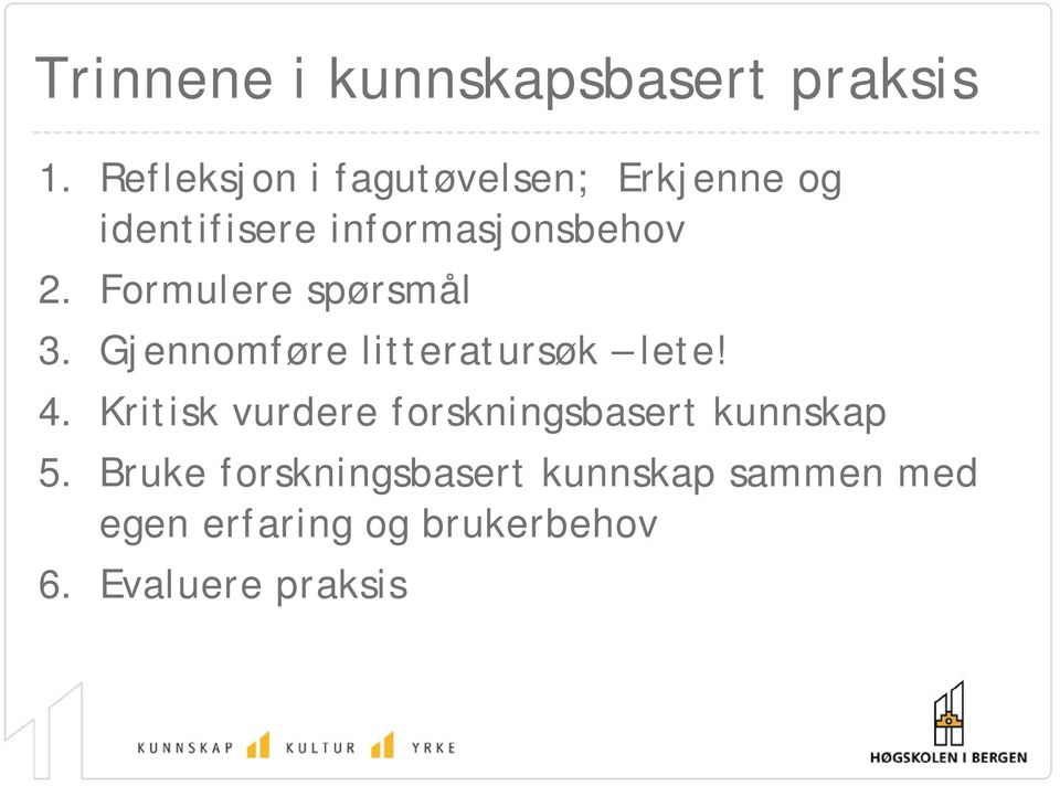 Formulere spørsmål 3. Gjennomføre litteratursøk lete! 4.