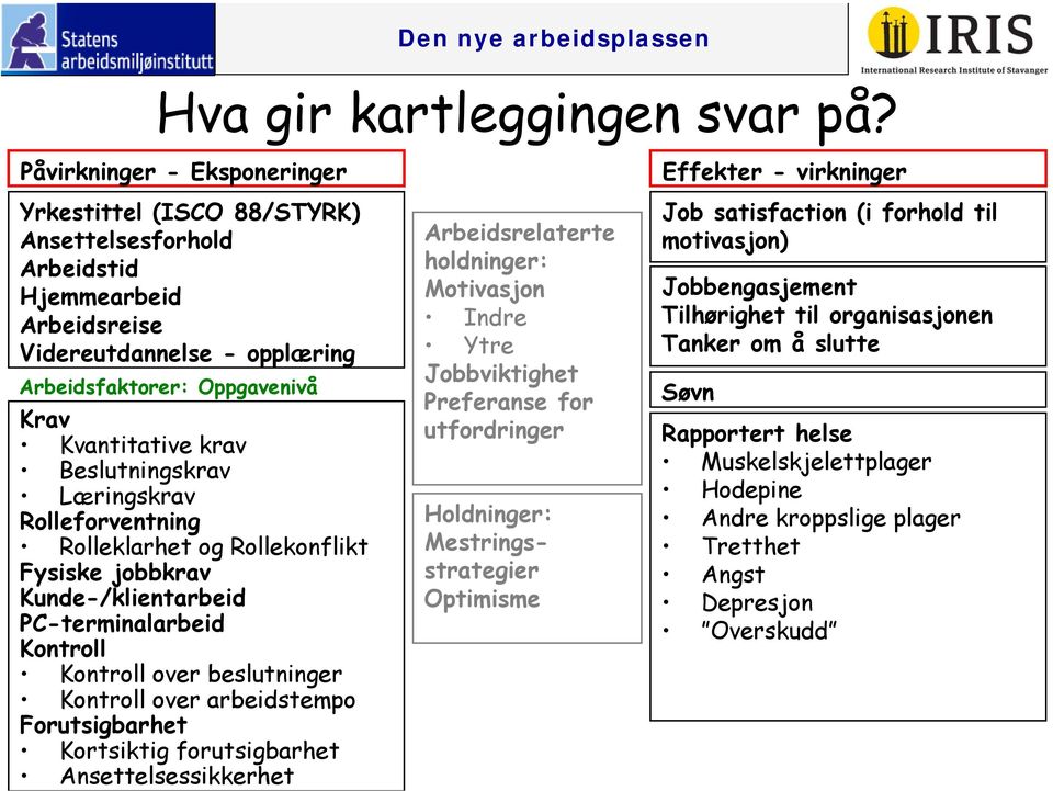 Beslutningskrav Læringskrav Rolleforventning Rolleklarhet og Rollekonflikt Fysiske jobbkrav Kunde-/klientarbeid PC-terminalarbeid Kontroll Kontroll over beslutninger Kontroll over arbeidstempo