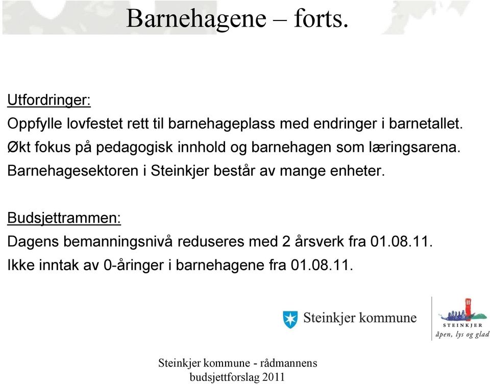 Økt fokus på pedagogisk innhold og barnehagen som læringsarena.