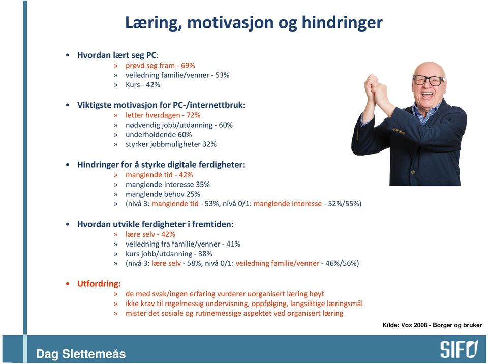 tid-53%, nivå 0/1: manglende interesse-52%/55%) Hvordan utvikle ferdigheter i fremtiden:» lære selv -42%» veiledning fra familie/venner - 41%» kurs jobb/utdanning -38%» (nivå 3: lære selv- 58%, nivå