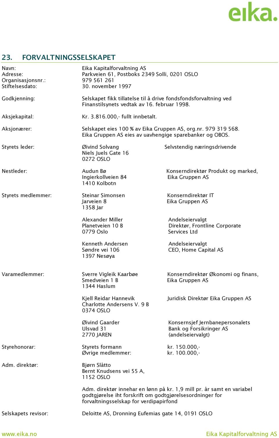 Aksjonærer: Selskapet eies 100 % av Eika Gruppen AS, org.nr. 979 319 568. Eika Gruppen AS eies av uavhengige sparebanker og OBOS.