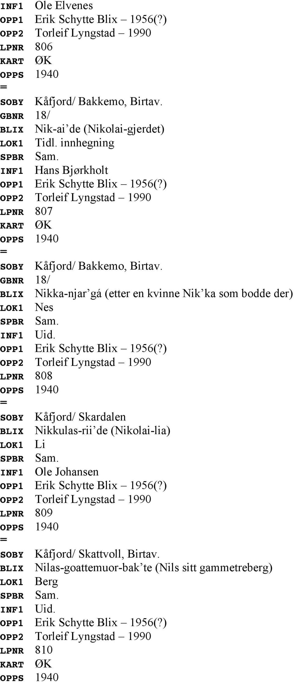 GBNR 18/ BLIX Nikka-njar gá (etter en kvinne Nik ka som bodde der) LOK1 Nes LPNR 808 SOBY Kåfjord/ Skardalen BLIX