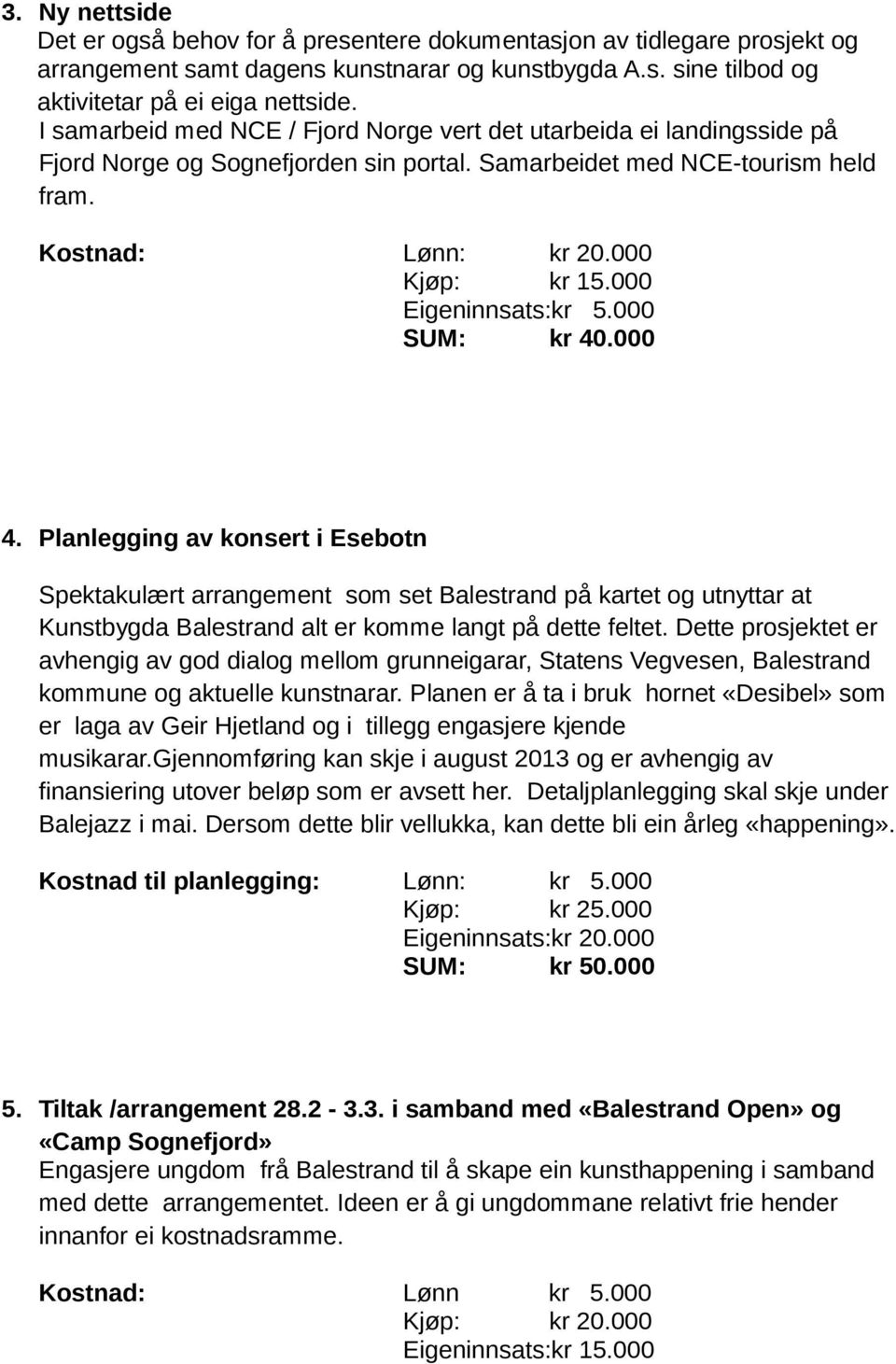 000 SUM: kr 40.000 4. Planlegging av knsert i Esebtn Spektakulært arrangement sm set Balestrand på kartet g utnyttar at Kunstbygda Balestrand alt er kmme langt på dette feltet.