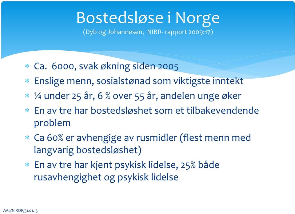 55 år, andelen unge øker En av tre har bostedsløshet som et tilbakevendende problem Ca 60% er