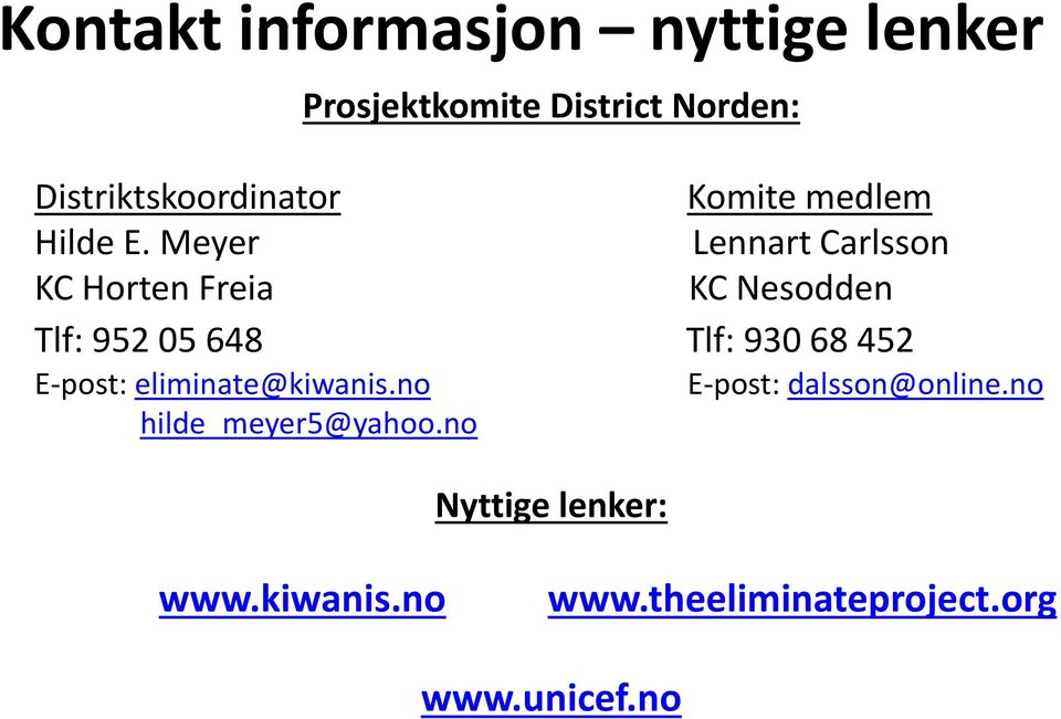 Meyer Lennart Carlsson KC Horten Freia KC Nesodden Tlf: 952 05 648 Tlf: 930 68 452 E