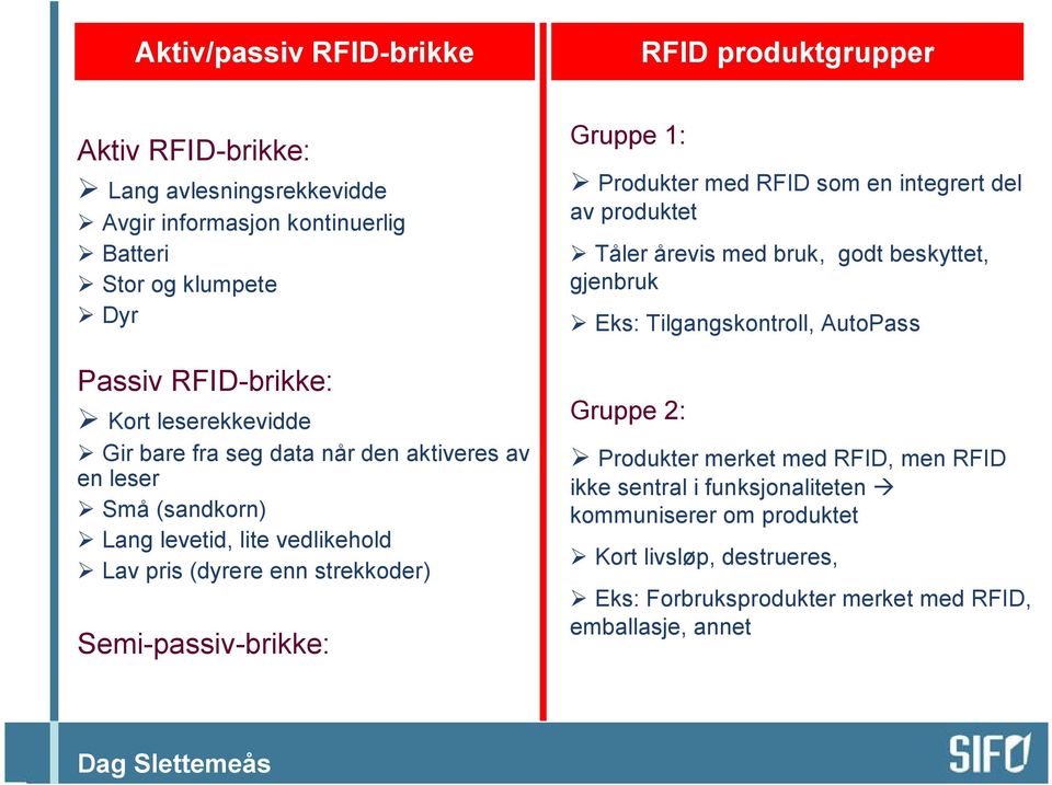 Semi-passiv-brikke: Gruppe 1: Produkter med RFID som en integrert del av produktet Tåler årevis med bruk, godt beskyttet, gjenbruk Eks: Tilgangskontroll, AutoPass