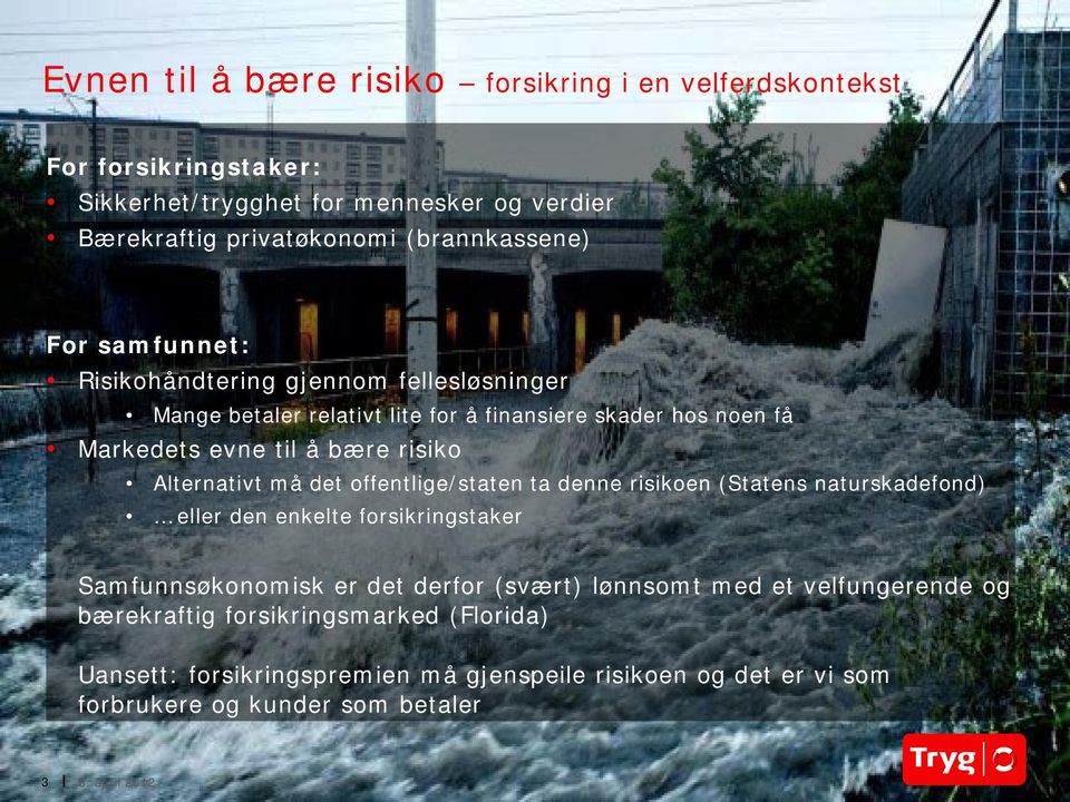 risiko Alternativt må det offentlige/staten ta denne risikoen (Statens naturskadefond) eller den enkelte forsikringstaker Samfunnsøkonomisk er det derfor (svært)