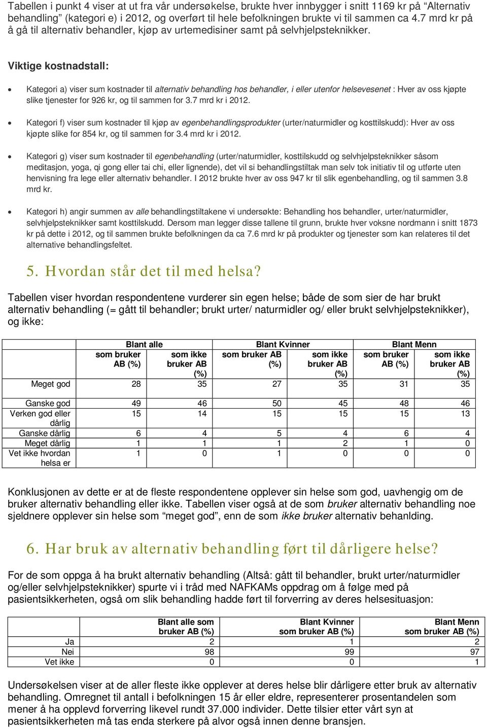 Viktige kostnadstall: Kategori a) viser sum kostnader til alternativ behandling hos behandler, i eller utenfor helsevesenet : Hver av oss kjøpte slike tjenester for 926 kr, og til sammen for 3.