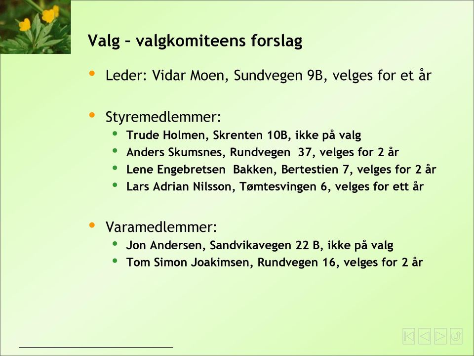 Bakken, Bertestien 7, velges for 2 år Lars Adrian Nilsson, Tømtesvingen 6, velges for ett år