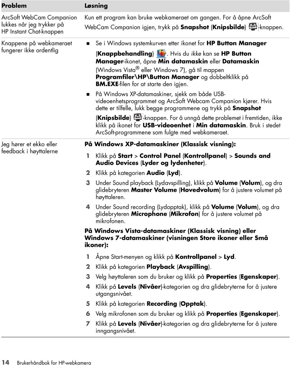 Knappene på webkameraet fungerer ikke ordentlig Se i Windows systemkurven etter ikonet for HP Button Manager (Knappbehandling).