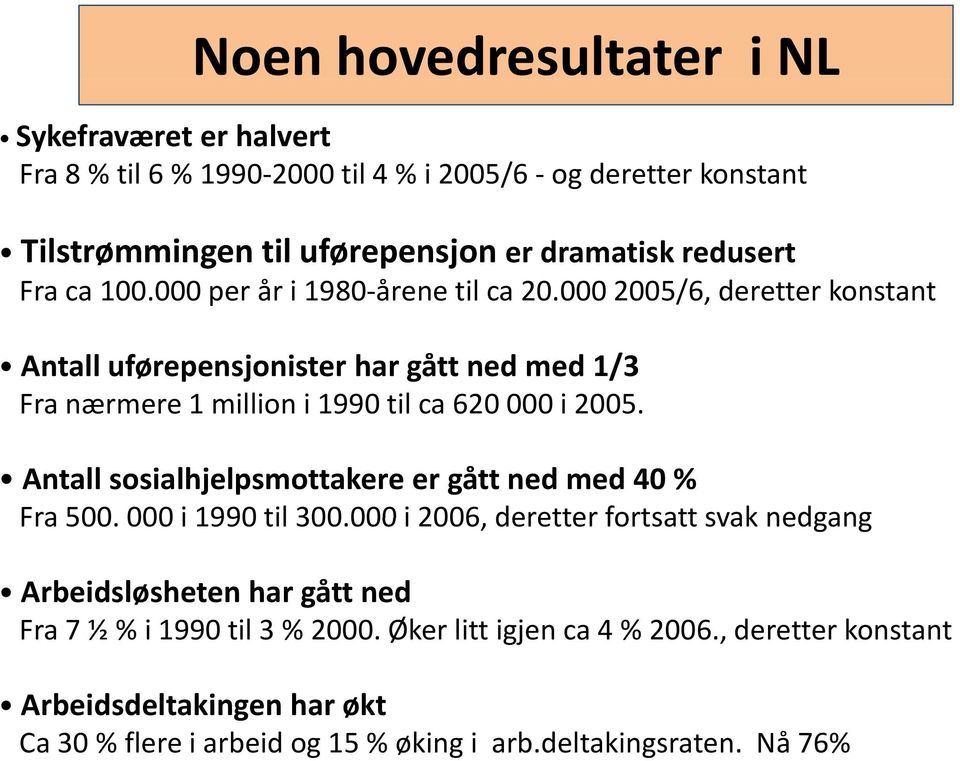 000 2005/6, deretter konstant Antall uførepensjonister har gått ned med 1/3 Fra nærmere 1 million i 1990 til ca 620 000 i 2005.