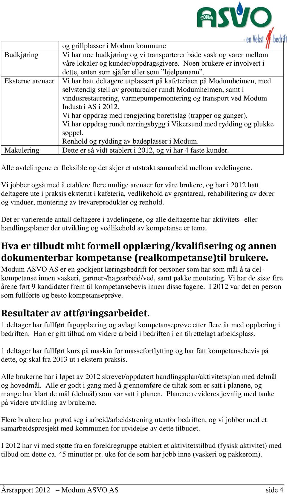 Vi har hatt deltagere utplassert på kafeteriaen på Modumheimen, med selvstendig stell av grøntarealer rundt Modumheimen, samt i vindusrestaurering, varmepumpemontering og transport ved Modum Industri