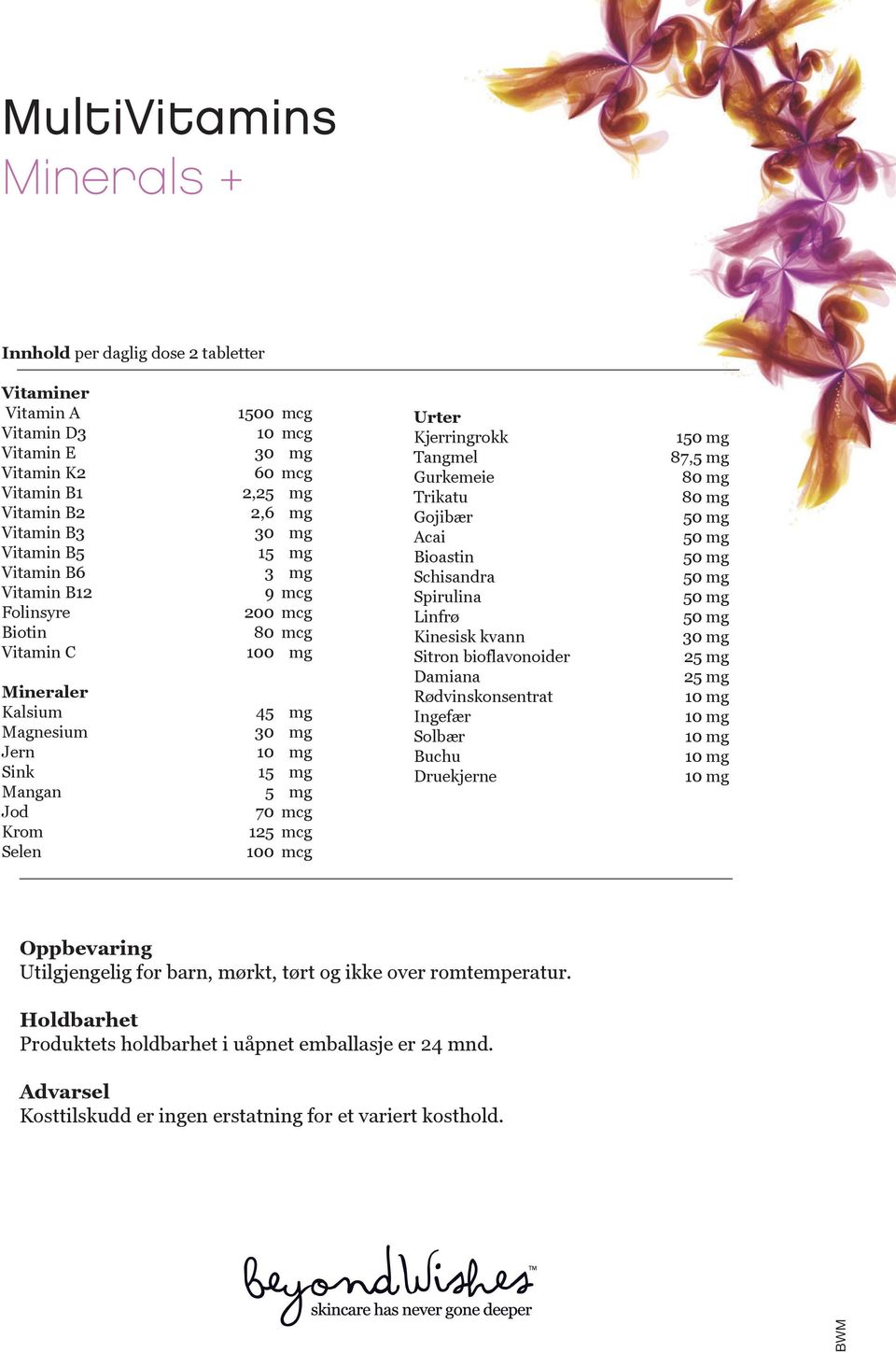 100 mcg Urter Kjerringrokk Tangmel Gurkemeie Trikatu Gojibær Acai Bioastin Schisandra Spirulina Linfrø Kinesisk kvann Sitron bioflavonoider Damiana Rødvinskonsentrat Ingefær Solbær Buchu Druekjerne 1