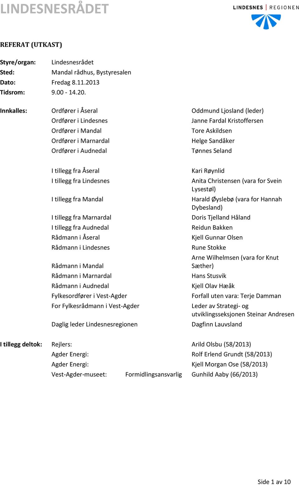 Innkalles: Ordfører i Åseral Oddmund Ljosland (leder) Ordfører i Lindesnes Janne Fardal Kristoffersen Ordfører i Mandal Tore Askildsen Ordfører i Marnardal Helge Sandåker Ordfører i Audnedal Tønnes