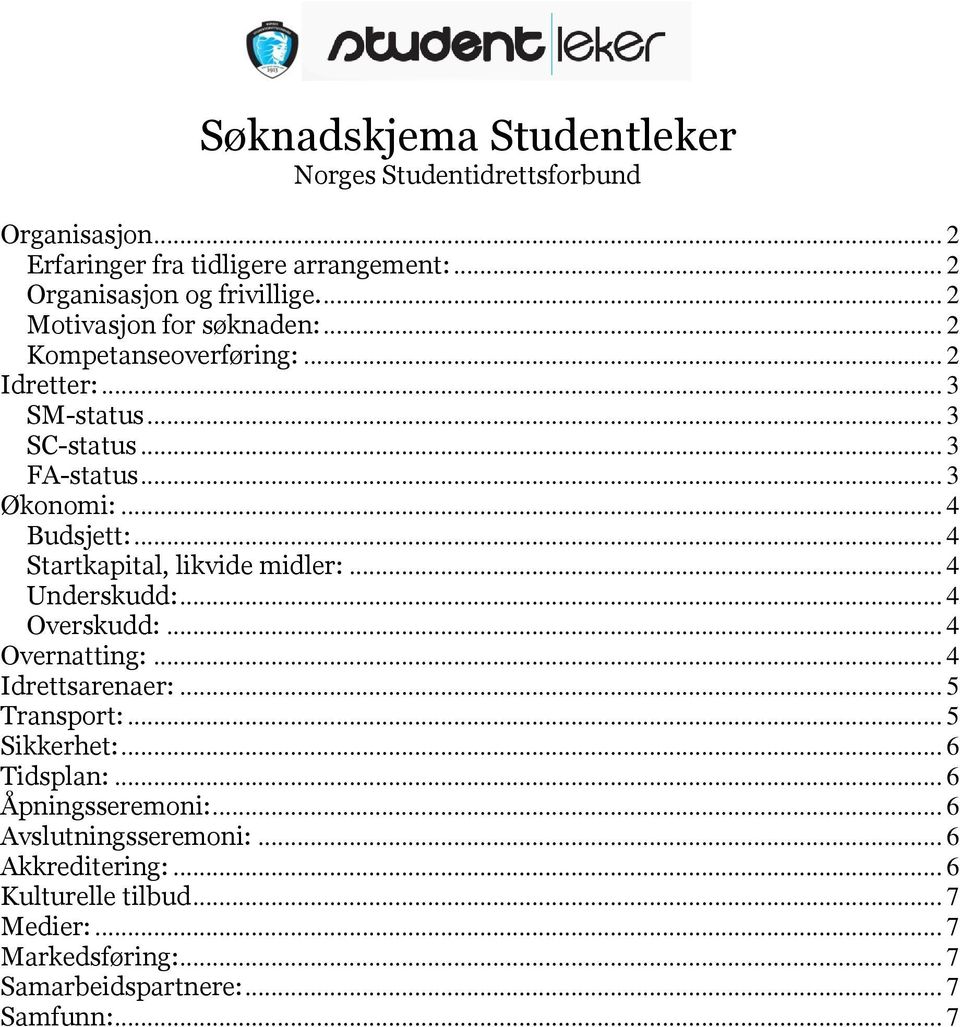 .. 4 Startkapital, likvide midler:... 4 Underskudd:... 4 Overskudd:... 4 Overnatting:... 4 Idrettsarenaer:... 5 Transport:... 5 Sikkerhet:... 6 Tidsplan:.