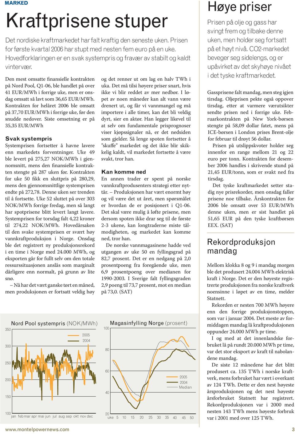 Den mest omsatte finansielle kontrakten på Nord Pool, Q1-06, ble handlet på over 41 EUR/MWh i forrige uke, men er onsdag omsatt så lavt som 36,65 EUR/MWh.