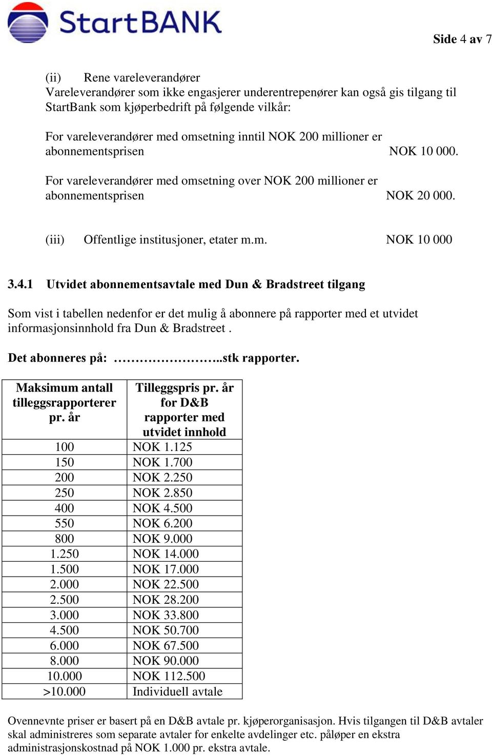 m. NOK 10 000 3.4.1 Utvidet abonnementsavtale med Dun & Bradstreet tilgang Som vist i tabellen nedenfor er det mulig å abonnere på rapporter med et utvidet informasjonsinnhold fra Dun & Bradstreet.