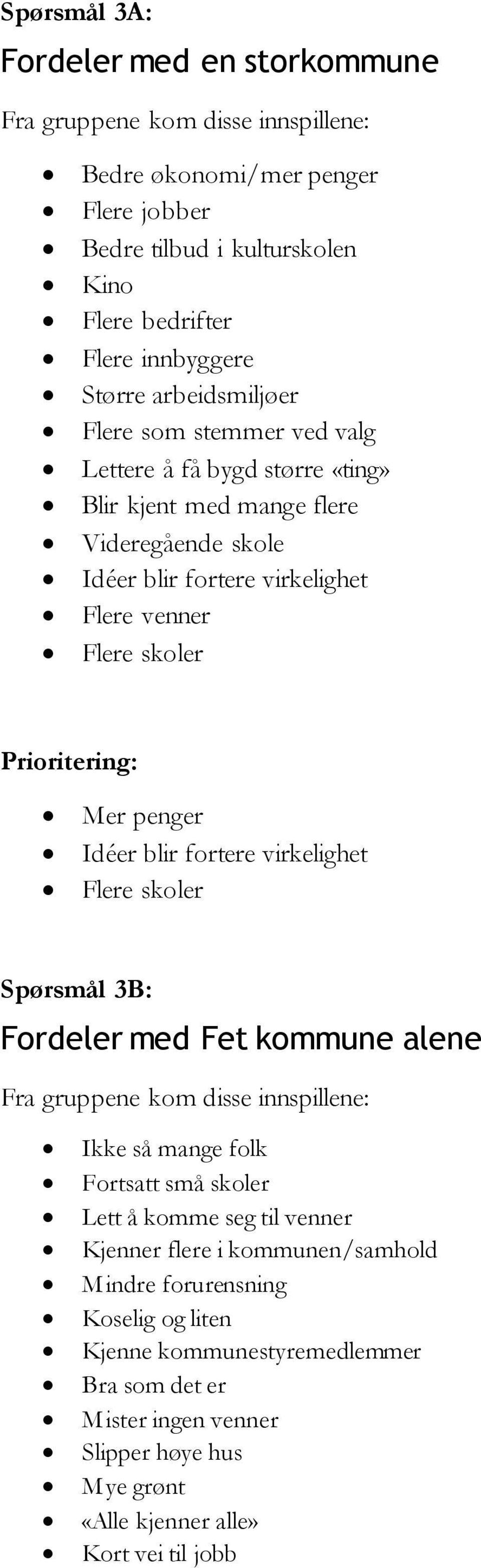 blir fortere virkelighet Flere skoler Spørsmål 3B: Fordeler med Fet kommune alene Ikke så mange folk Fortsatt små skoler Lett å komme seg til venner Kjenner flere i