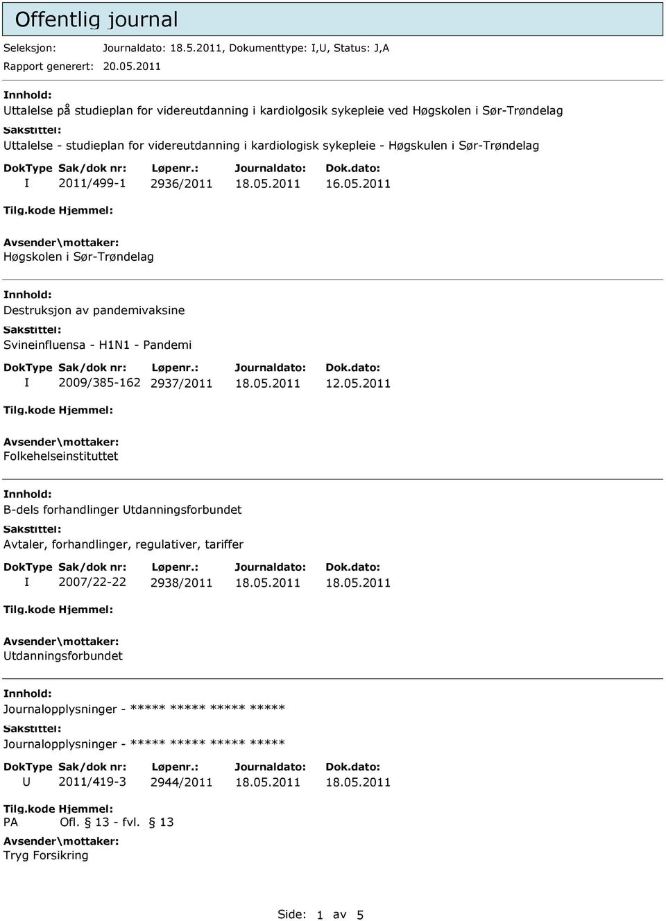 kardiologisk sykepleie - Høgskulen i Sør-Trøndelag 2011/499-1 2936/2011 Høgskolen i Sør-Trøndelag nnhold: Destruksjon av pandemivaksine Svineinfluensa - H1N1 -