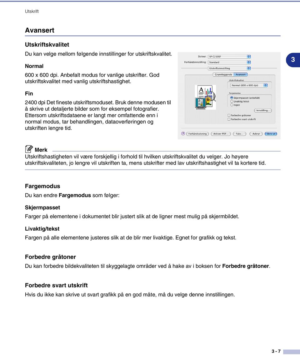 Ettersom utskriftsdataene er langt mer omfattende enn i normal modus, tar behandlingen, dataoverføringen og utskriften lengre tid.