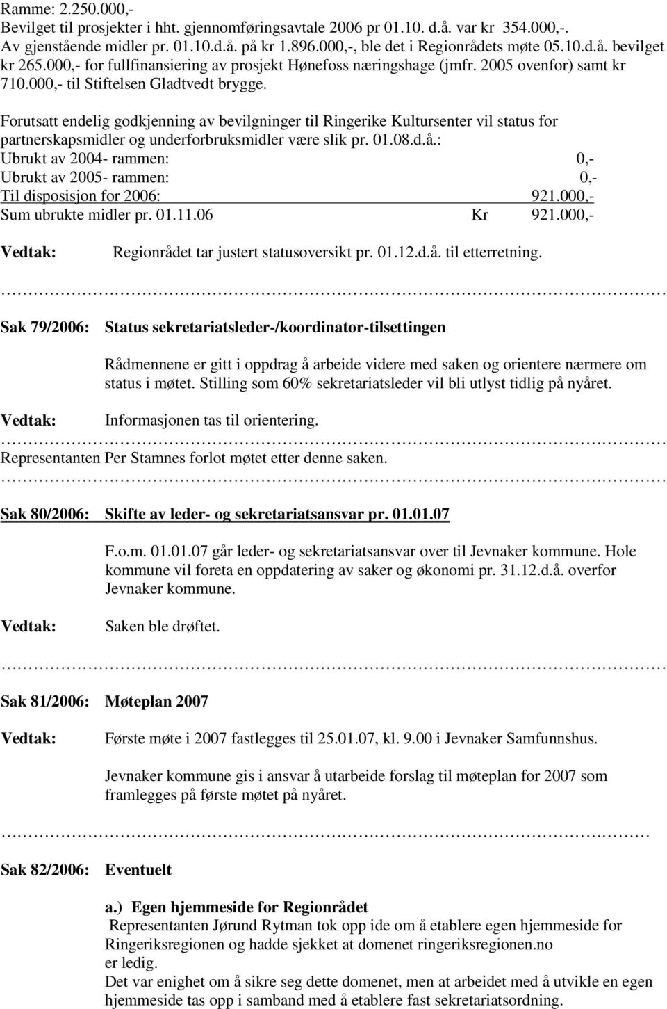 Forutsatt endelig godkjenning av bevilgninger til Ringerike Kultursenter vil status for partnerskapsmidler og underforbruksmidler være slik pr. 01.08.d.å.