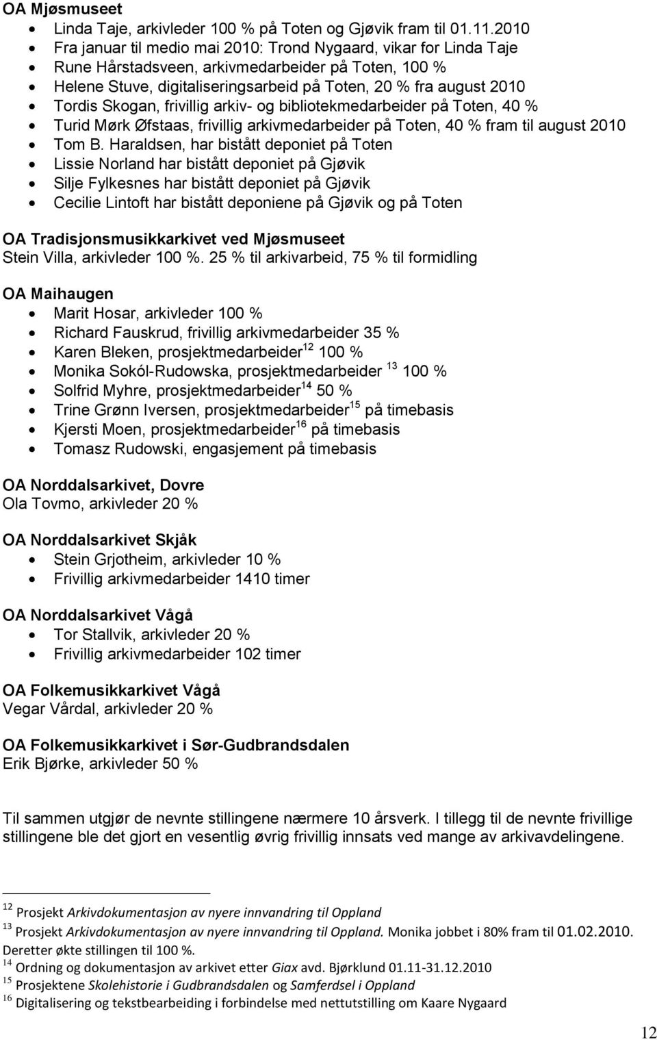 Skogan, frivillig arkiv- og bibliotekmedarbeider på Toten, 40 % Turid Mørk Øfstaas, frivillig arkivmedarbeider på Toten, 40 % fram til august 2010 Tom B.