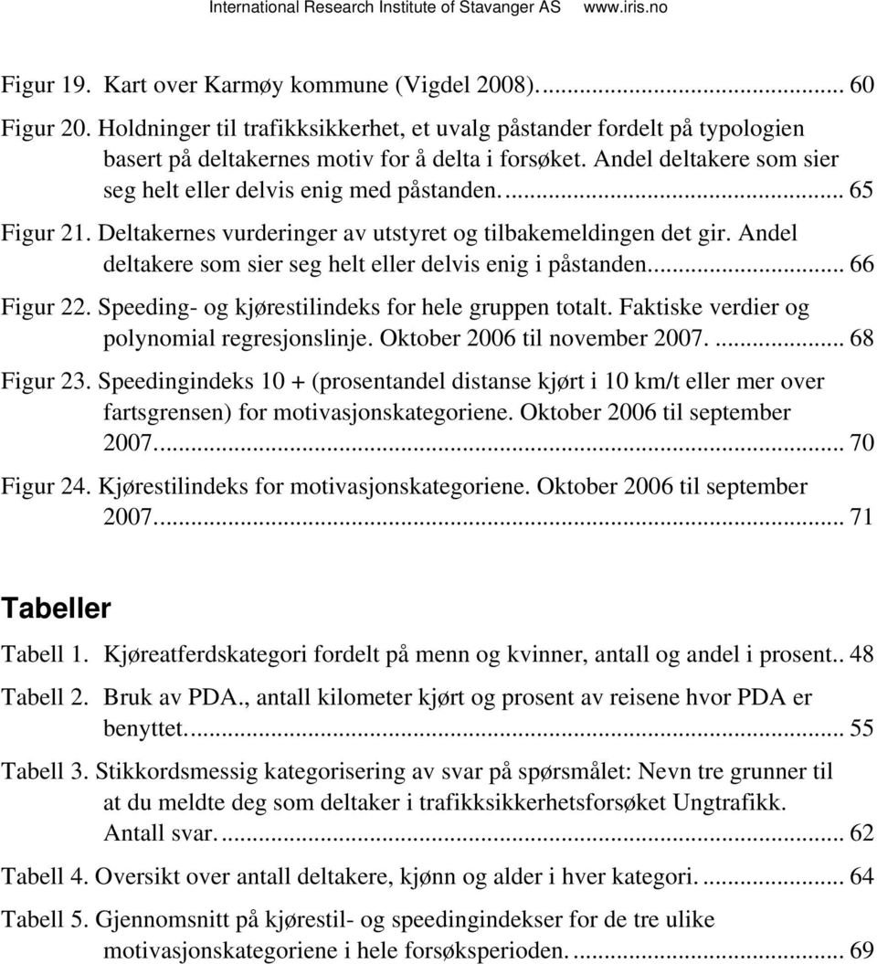 Andel deltakere som sier seg helt eller delvis enig i påstanden... 66 Figur 22. Speeding- og kjørestilindeks for hele gruppen totalt. Faktiske verdier og polynomial regresjonslinje.