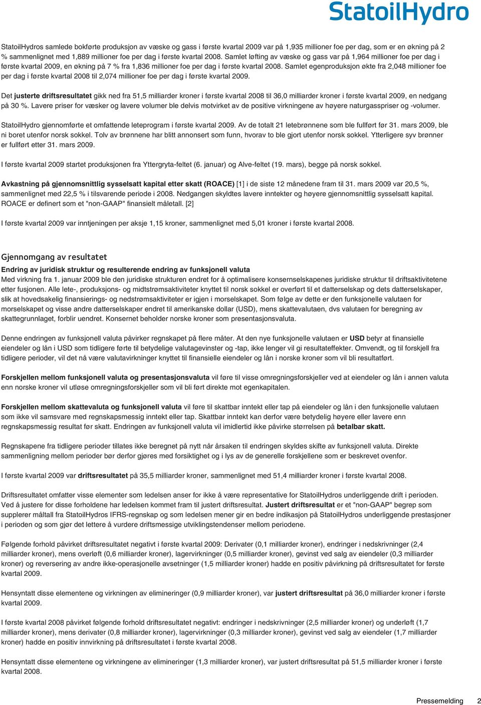 Samlet egenproduksjon økte fra 2,048 millioner foe per dag i første kvartal 2008 til 2,074 millioner foe per dag i første kvartal 2009.