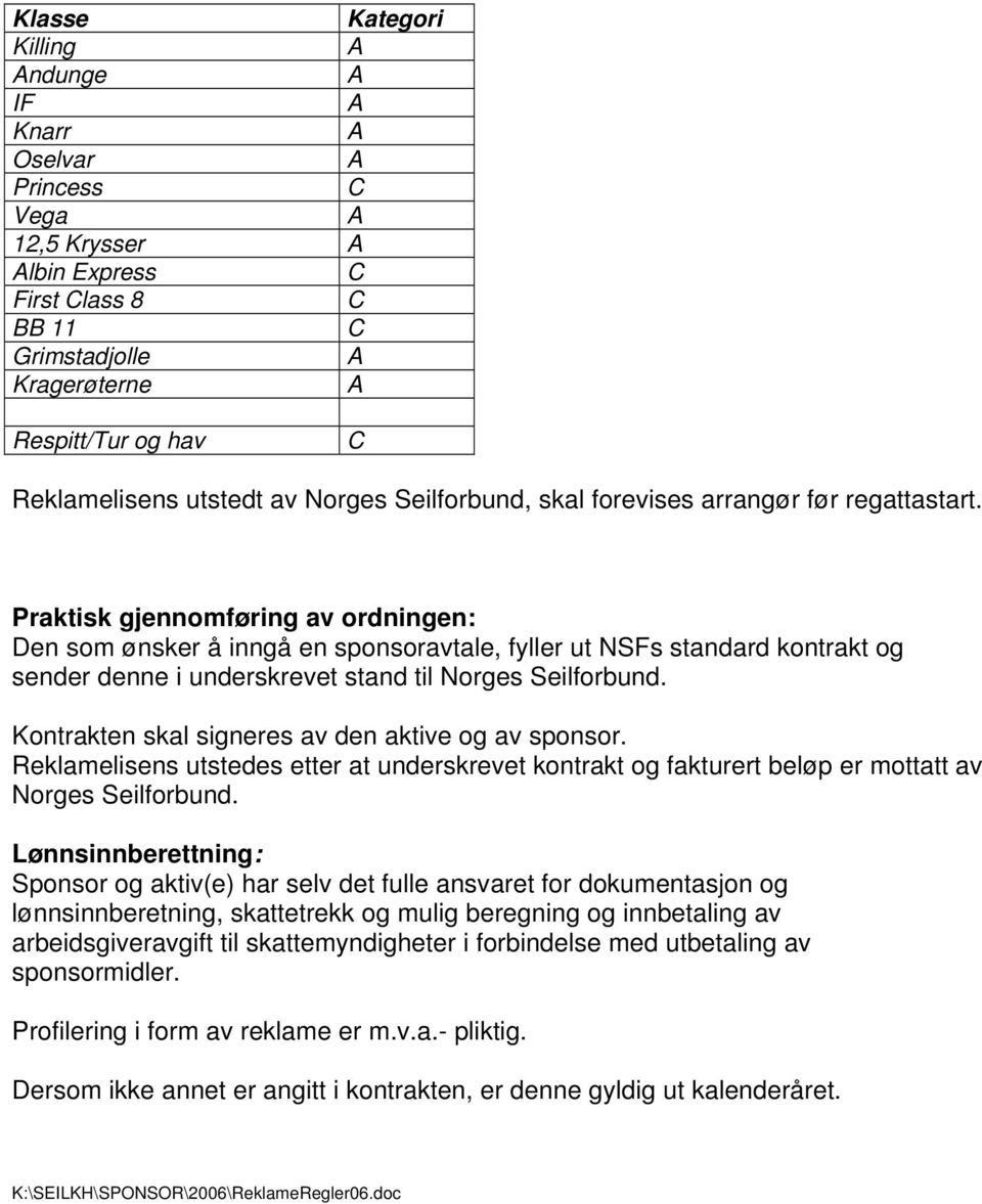 Praktisk gjennomføring av ordningen: Den som ønsker å inngå en sponsoravtale, fyller ut NSFs standard kontrakt og sender denne i underskrevet stand til Norges Seilforbund.