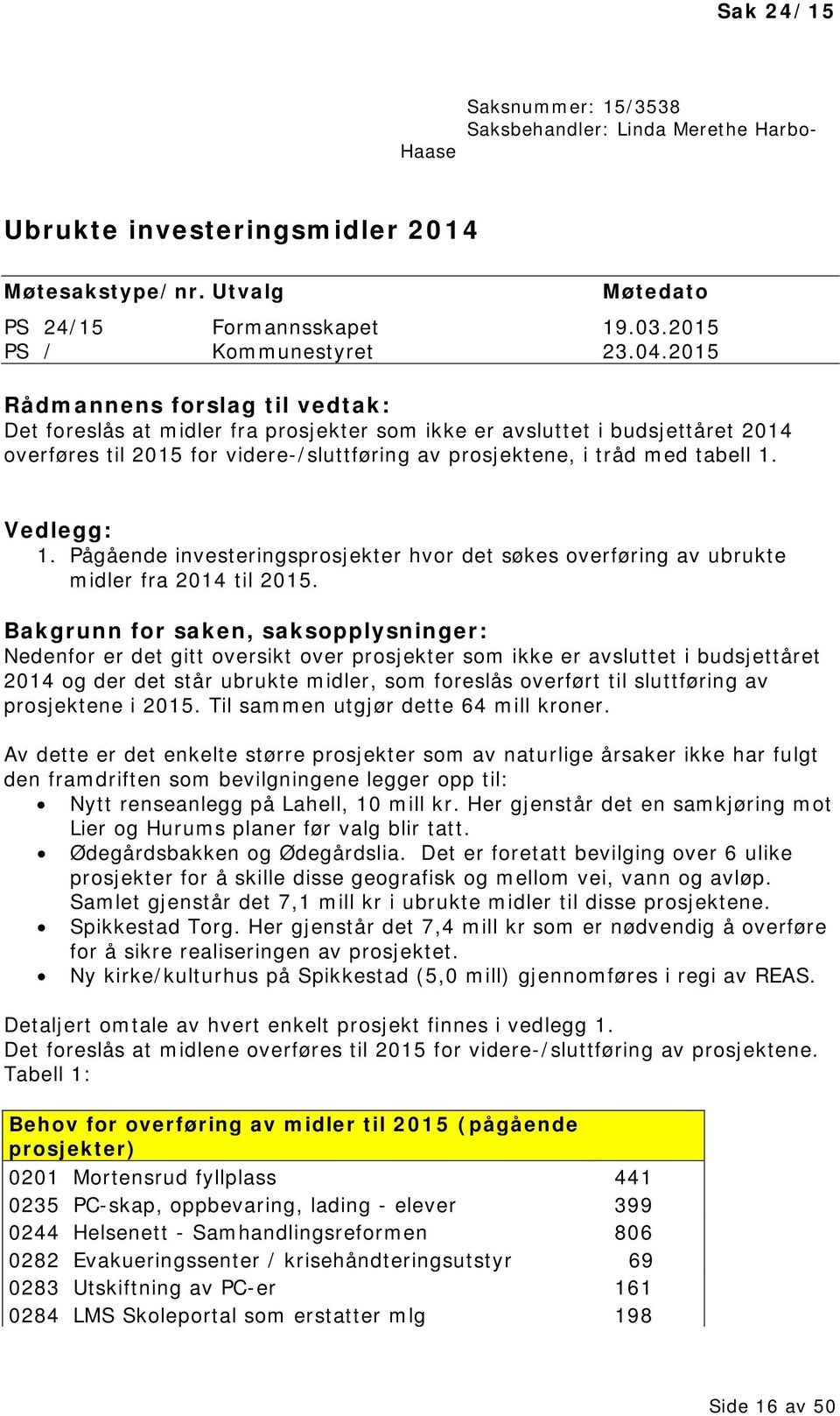 Pågående investeringsprosjekter hvor det søkes overføring av ubrukte midler fra 2014 til.