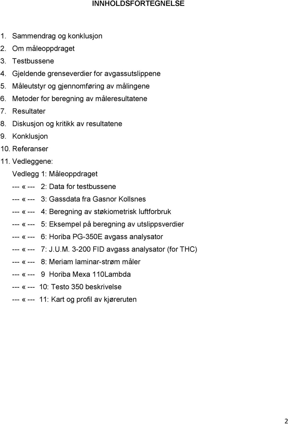 Vedleggene: Vedlegg 1: Måleoppdraget --- «--- 2: Data for testbussene --- «--- 3: Gassdata fra Gasnor Kollsnes --- «--- 4: Beregning av støkiometrisk luftforbruk --- «--- 5: Eksempel på