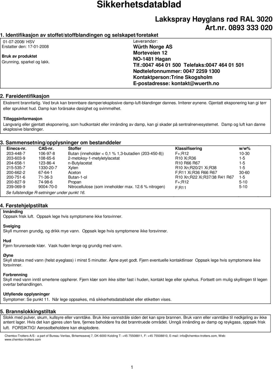 :0047 464 01 500 Telefaks:0047 464 01 501 Nødtelefonnummer: 0047 2259 1300 Kontaktperson:Trine Skogsholm Epostadresse: kontakt@wuerth.no Ekstremt brannfarlig.