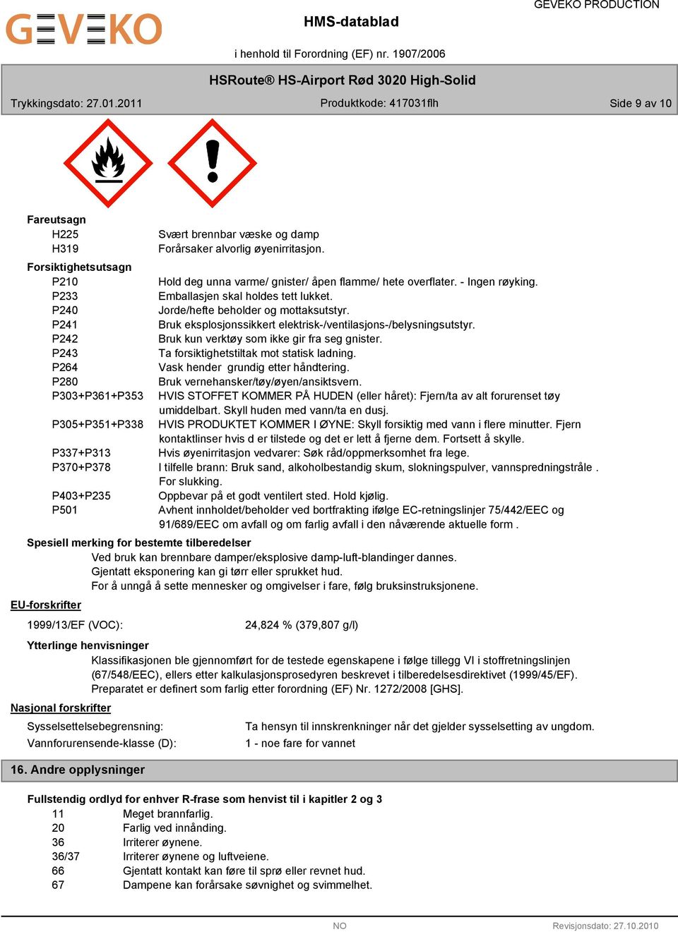 P242 Bruk kun verktøy som ikke gir fra seg gnister. P24 Ta forsiktighetstiltak mot statisk ladning. P264 Vask hender grundig etter håndtering. P280 Bruk vernehansker/tøy/øyen/ansiktsvern.