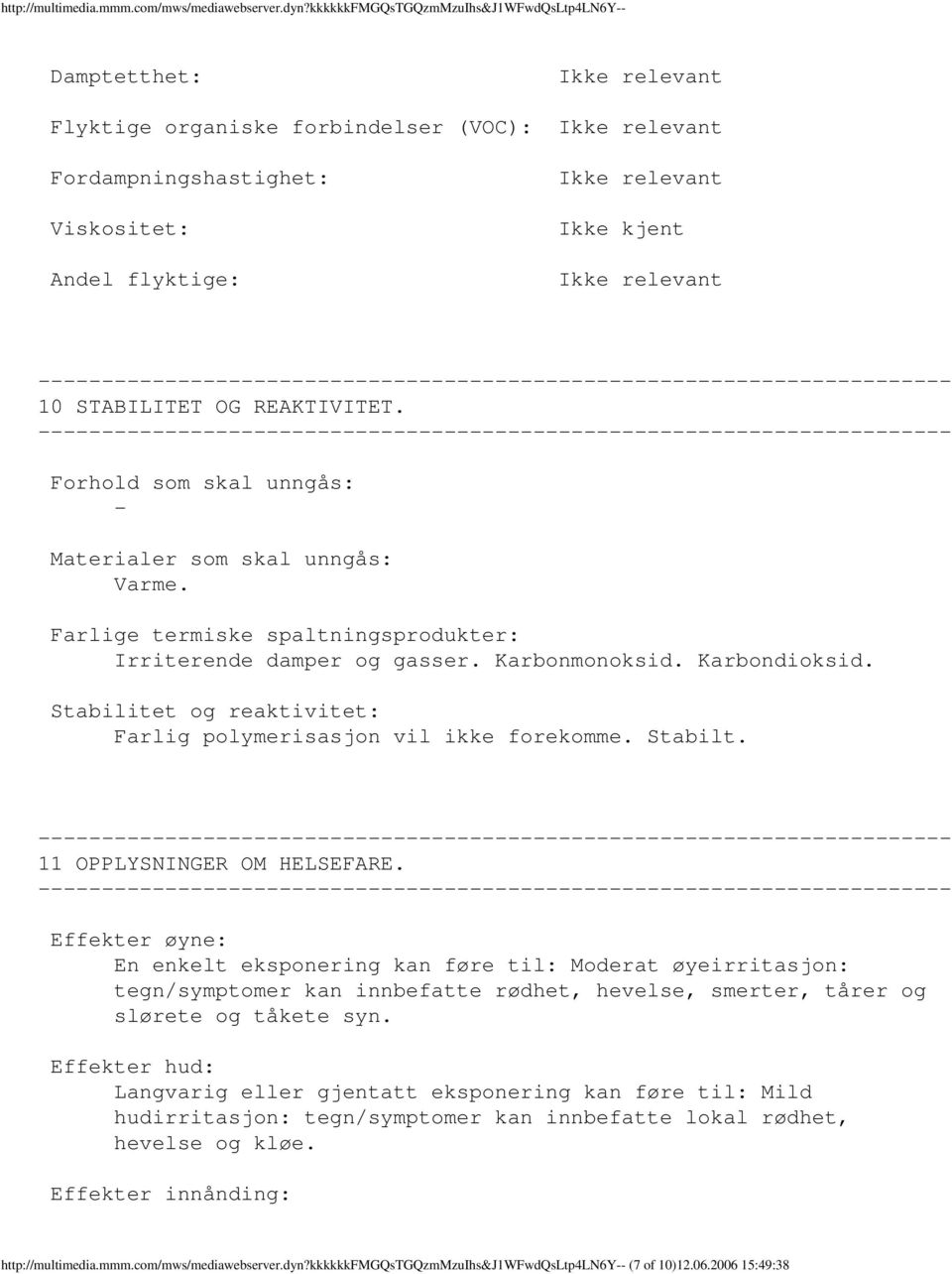 Forhold som skal unngås: Materialer som skal unngås: Varme. Farlige termiske spaltningsprodukter: Irriterende damper og gasser. Karbonmonoksid. Karbondioksid.