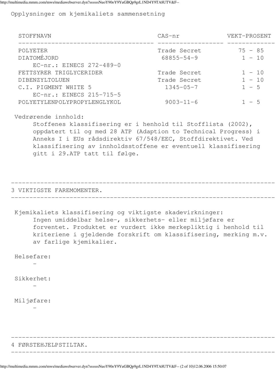 : EINECS 2724890 FETTSYRER TRIGLYCERIDER Trade Secret 1 10 DIBENZYLTOLUEN Trade Secret 1 10 C.I. PIGMENT WHITE 5 1345057 1 5 ECnr.