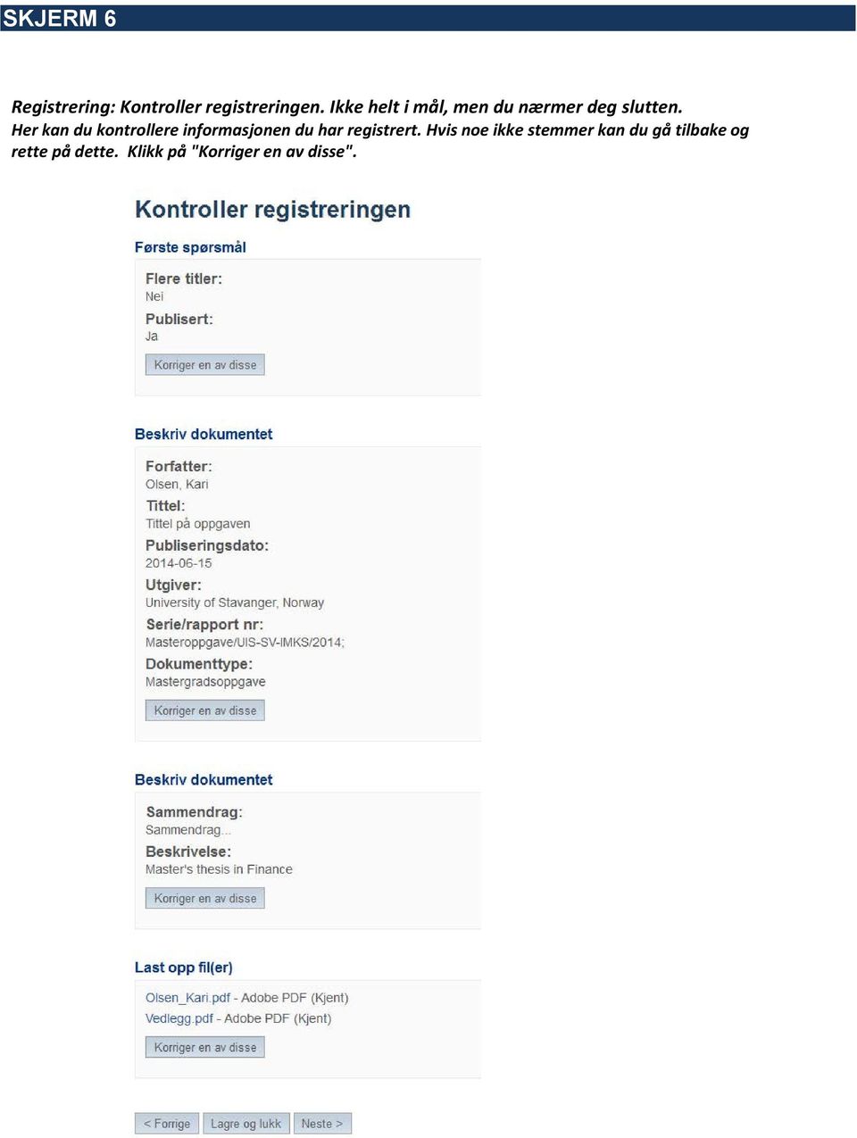 Her kan du kontrollere informasjonen du har registrert.