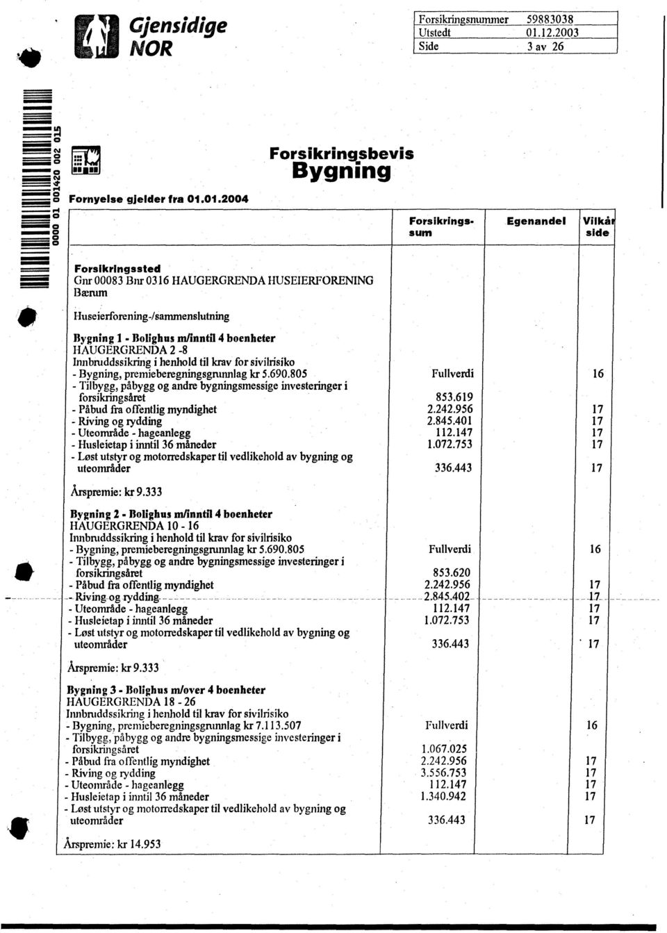 sammenslutning Bygning I - Bolighus ni/inntil 4 boenheter HAUGERGRENDA 2-8 lnnbmddssikring i henhold til krav for sivilrisiko - Bygning, premieberegningsgntnnlag kr 5.69.