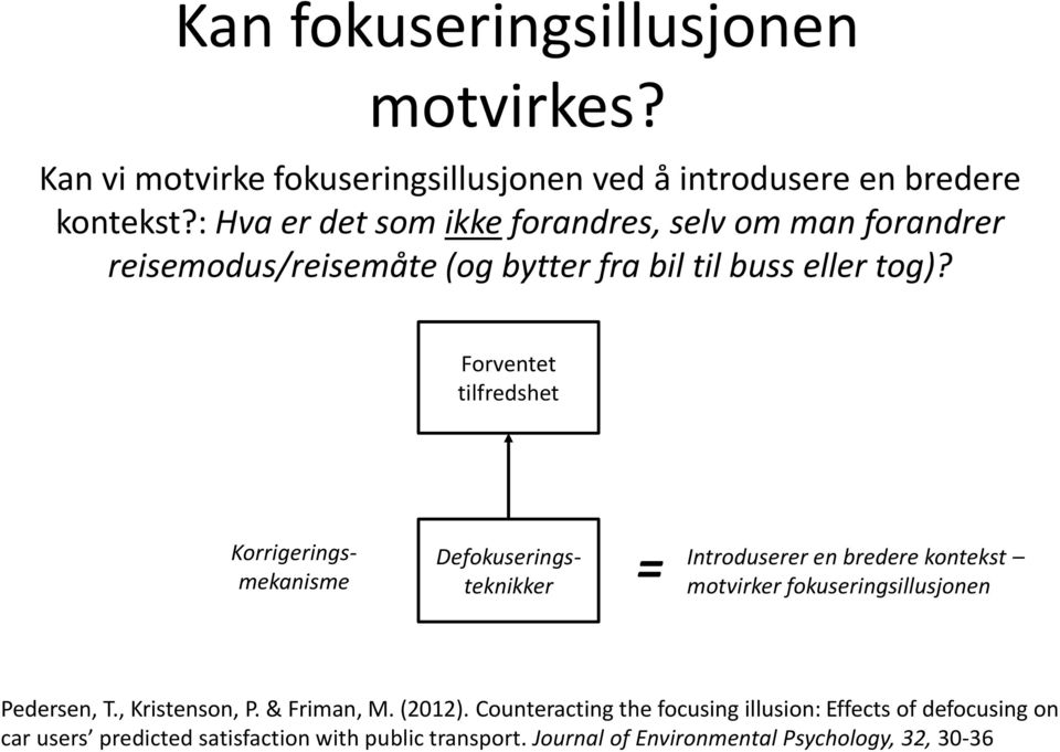 Forventet tilfredshet Defokuseringsteknikker Korrigeringsmekanisme = Introduserer en bredere kontekst motvirker fokuseringsillusjonen Pedersen,