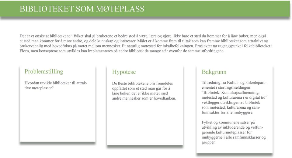 Målet er å komme frem til tiltak som kan fremme biblioteket som attraktivt og brukervennlig med hovedfokus på møtet mellom mennesker. Et naturlig møtested for lokalbefolkningen.
