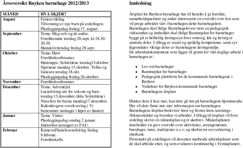 Høstsuppe: Solstrålene torsdag11oktober Stjernene mandag 15.oktober. Tellus og Galaxen torsdag 18.okt. Planleggingsdag fredag 26.oktober. Foreldrekonferanser. Tema: Advent/jul.