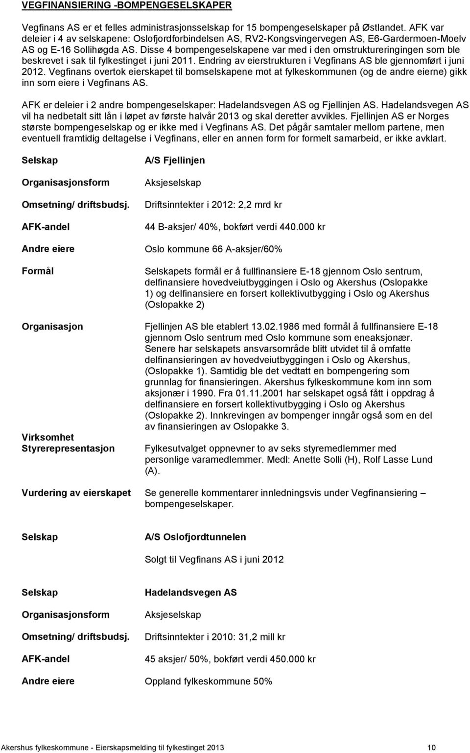 Disse 4 bompengeselskapene var med i den omstruktureringingen som ble beskrevet i sak til fylkestinget i juni 2011. Endring av eierstrukturen i Vegfinans AS ble gjennomført i juni 2012.