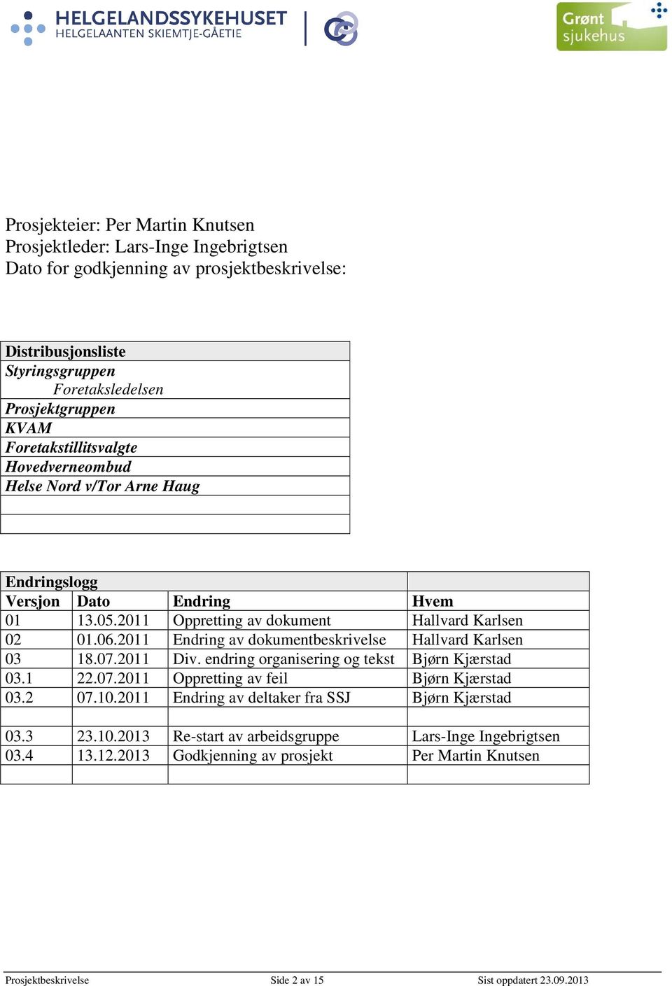 2011 Endring av dokumentbeskrivelse Hallvard Karlsen 03 18.07.2011 Div. endring organisering og tekst Bjørn Kjærstad 03.1 22.07.2011 Oppretting av feil Bjørn Kjærstad 03.2 07.10.